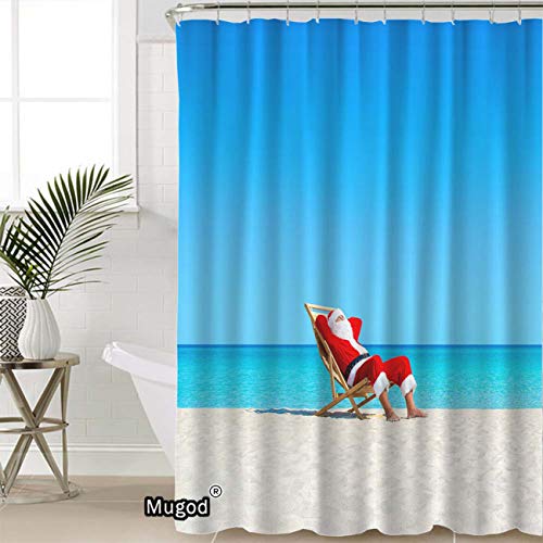 Mugod Santa Claus Shower Curtains Christmas Santa Claus Relaxing on Sunlounger at Ocean Sandy Tropical Beach Decorative Bathroom Waterproof Fabric Shower Curtain with 12 Hooks 72 x 72 Inches - Thumbnail 2