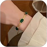 NLMSKI Green Oval Cabochon Bezel Herringbone Chain Bracelet For Women Statement Elegant Adjustable Gold Color Classic Vintage Dressy Jewelry