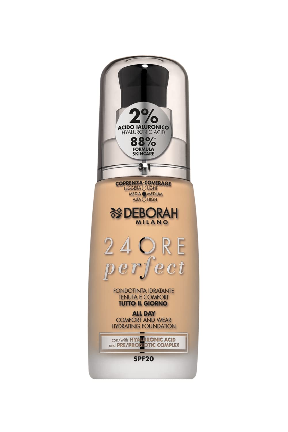 Deborah Milano - 24 Hours Liquid Foundation Perfect Moisturising SPF 20, N.3.1 Light Gold, 30.0 ml