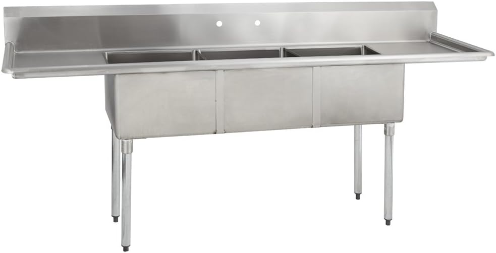 Fenix Sol 18G-3C15X15-215 Three Compartment Stainless Steel Sink, Bowl: 15"L x 15"W x 12"D, Overall Size: 75"L x 20.8"W x 43"H, 2 x 15" Drainboards, Galv Legs, NSF Certified