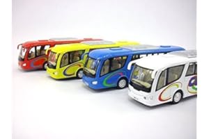 Kinsfun Pavlysh Diecast Coach Bus Set - 4 Buses, Red, Blue, White, Yellow - Pull Back & Go Action - Kid - Metal - No Batteries Required