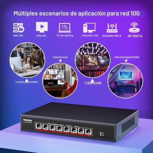YuanLey 10G Ethernet Switch 8 Port RJ45, Supports 10G/5G/2.5G/1G/100M Automatic Speed Negotiation, 160G Switching Capability, Rackmountable Unmanaged Switch, Plug and Play