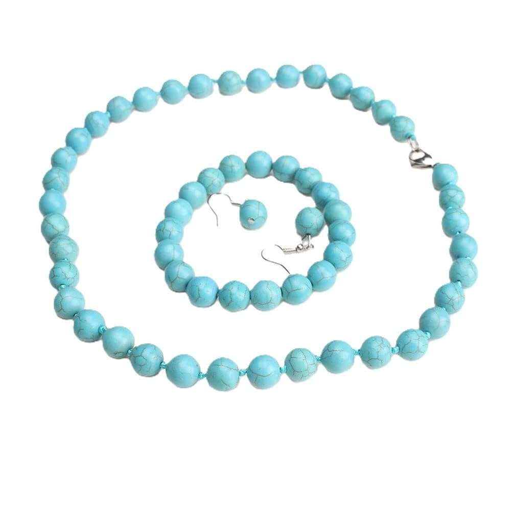Treasure Bay Stunning 12mm Natural Gemstone Beaded Necklace and Bracelet Jewellery Set For Women (Blue Turquoise)