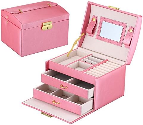 Yunan Leather Jewelry Box Storage Organizer Drawer three-layer lint Travel Case Lock Makeup Mirror