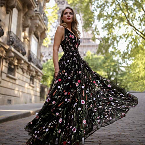 KONVINIT Womens Long 3D Flower Prom Party Dress Backless Casual Gown Tulle Prom Maxi Dress Black