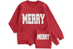 PUDCOCO Family Matching Mommy and Me Christmas Sweatshirt Long Sleeve Crewneck Merry Embroidery Pullover Top
