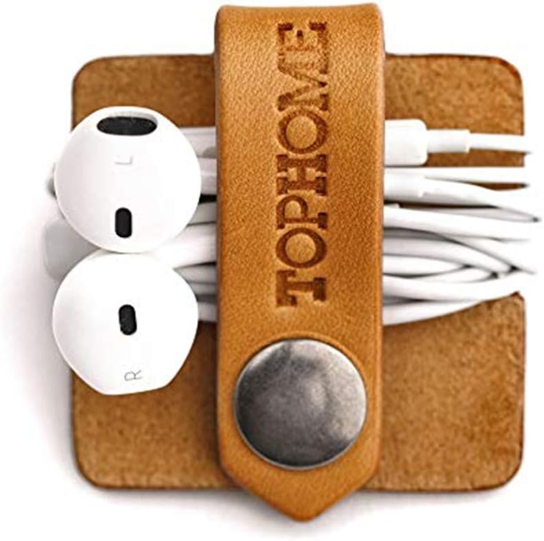 TOPHOME Cord Organizer Earbud Holder Earphones Headphones Winder Keeper Earbuds Case Storage Wrap Headset Genuine Leather Cable Organizer, Orange Yellow: Electronics