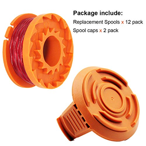 Faraer WA0010 Spool for Worx Trimmer Grass Edger String 10ft 0.065" Autofeed Spool Line WA0004 Compatible with Worx WG180 WG163 Weed Eater 14 Pack (12 Trimmer Spools and 2 Trimmer Spool Cap)