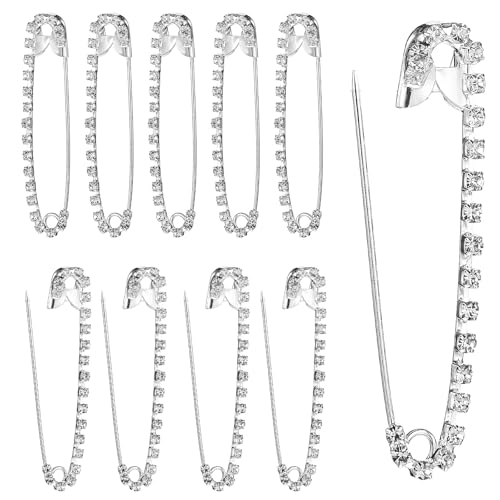 10pcs Silver Tone Rhinestone Safety Pins Brooches, Sparkly Rhinestone Decorative Pins Women Safety Pin Brooches Diamond Safetyccs Pin for Scarf Shawl Jeans Sweaters Dresses