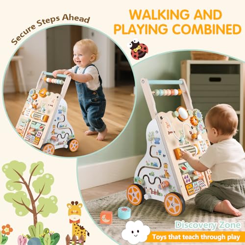 Weilim Wooden Baby Walker, 10-in-1 Montessori Push Walker for Toddlers 1+ | Activity Center with Xylophone, Shape Sorter, Gears | Adjustable Speed & Height | Natural Wood Learning Walking Toy