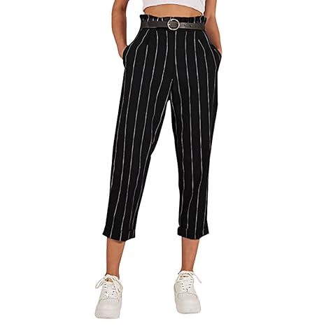 Pantalones De Mujer A Rayas Con Lona Cintura Alta Pierna Recta