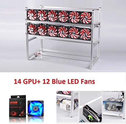 Open Air Mining Rig Stackable Frame 14 GPU Case With 12 LED Fans For ETH Z Cash (Silver+Blue LED Fans)