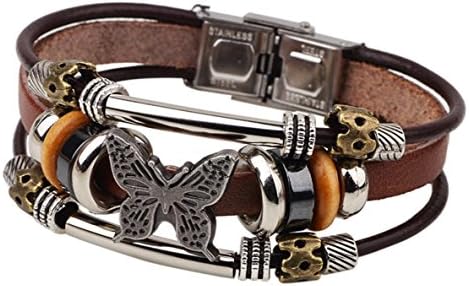 Charm Butterfly Beaded Multilayer Leather Bracelet Retro Cuff with Metal Clasp