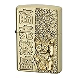 Zippo Gold Lucky Cat Big Metal Kanji Antique Brass