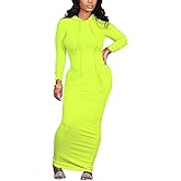 Dezraia Long Sleeve Bodycon Maxi Dress for Women One Piece Hoodie Sweatshirt Dresses