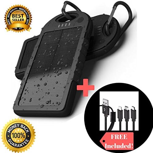 Solar Powered Charger Battery Pack For Phone Tablet 5000Mah and 3 in 1 USB Charging cable, shock proof, waterproof