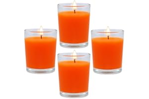 COSIKO 4 Packs Unscented Orange Votive Candles in Glass, 2 Inch Natural Soy Wax Scentless Fall Harvest Autumn Candles for Halloween Thanksgiving Wedding Party Home Holiday Relaxation, 12-15 Hour Burning Time