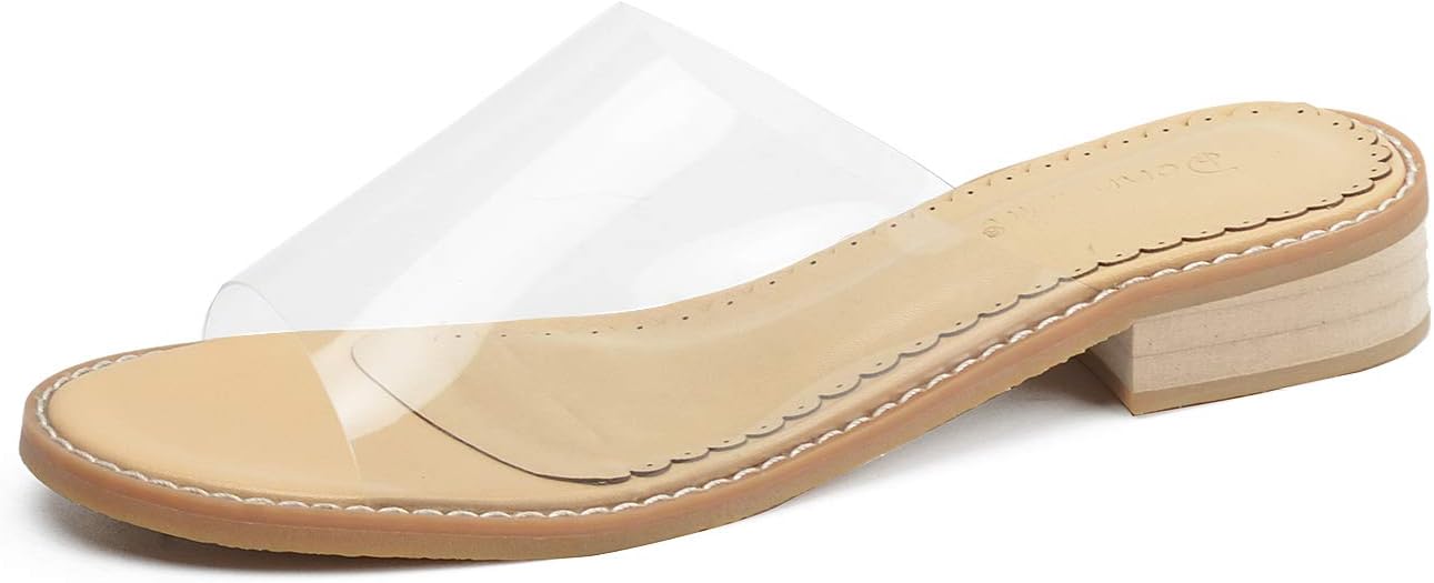 Clear Slide Sandals for Women Low Heel, Genuine Leather Casual Crystal PVC Slippers