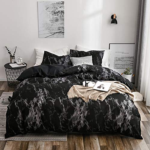 ChenYu Marble Pattern Duvet Cover Sets with Zipper Closure, Soft Quilt Cover Bedding Set With 2 Pillowcases (Black, King)