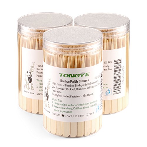 Bamboo Paddle Skewers 4.7 Inch with Clear Cylinder, Premium Cocktail Picks, Barbecue Stick. Decoration for Party Food, Appetizer, Dessert, Fruit, Sausage, Burger, Prawn, Kebab. (200PCS Natural Color)