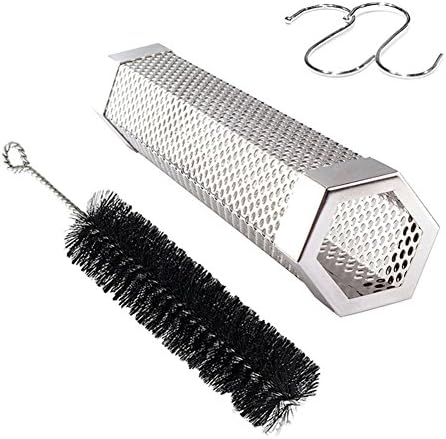 Lothver Pellet Smoker Tube 12 Inches Stainless Steel Hexagon BBQ Smoker Mesh Tube Wood Pellet Storage To Add Smoke Flavor to All Grilled Foods Easily (with Brush and Hook)
