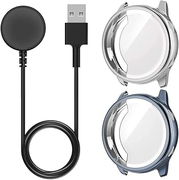 Amazon Com Moko Charger Compatible With Samsung Galaxy Watch Active 40mm Sm R500 Replacement Charging Cable With 2 Pack Tpu Protective Case Gunmetal Silver