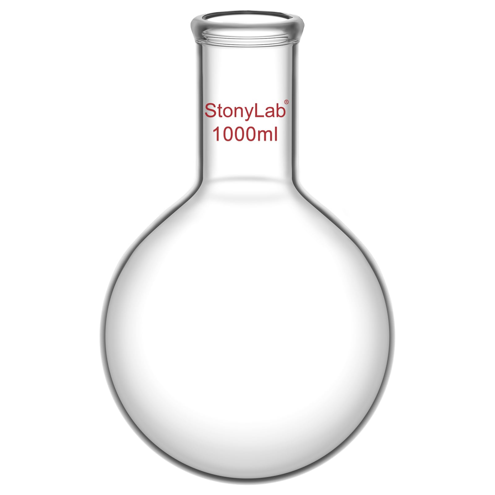 StonyLab Glass 1000ml Long Neck Round Bottom Flask, Borosilicate Glass Heavy Wall Round Bottom Boiling Flask RBF with Long Neck, 1000ml (1L)