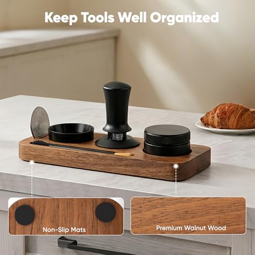 Espresso Accessories Set 54 mm, Wooden Tamper Station with Adjustable Height, Non-Slip Base and 3 Silicone Pads - Organizer for Portafilter, Distributor, Brush and Dispenser