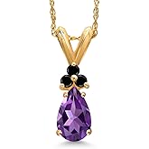 Gem Stone King 14K Yellow Gold Purple Amethyst and Black Diamond Pendant Necklace for Women | 0.72 Cttw | Gemstone February Birthstone | Pear Shape 7X5MM | With 18 Inch Chain
