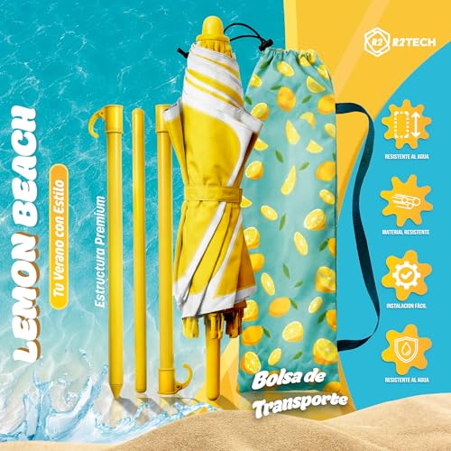 R2TECH® Super Pack Folding Beach Umbrella | Parasol with Height 210 cm and Diameter 160 cm | Compact Umbrella for Suitcase | Summer Protection 2 Seater UPF 50+ | Pole Aluminium Yellow 109C