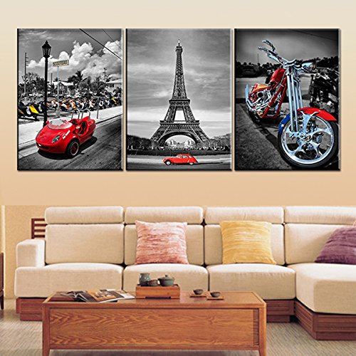 YPY Eiffel Tower Wall Art Red Car Motorcycle Picture Prints On Canvas for Home Bedroom Decoration 3 Panels
