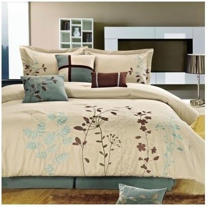 Modern Comforter Floral Bedding Set Blue Brown Off White with Shams and Pillows (queen) Includes Scented Candle Tarts