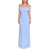 OYOANGLE Women's Off The Shoulder Maxi Dress Short Sleeve Elegant Ruched Party Wedding Guest Dresses