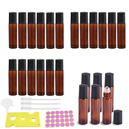 24 Pack,5ml Roller Bottles for Essential Oils with Stainless Steel Roller Balls+ 2 Droppers+ 1 Opener+ 1 Hopper+ 24 Stickers
