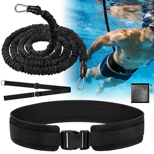 Vexyra Elastico Nuoto Statico Piscina, 2,5-7,5 M Cintura Nuoto Piscina per Adulti e Bambini, Controcorrente Regolabile in Lattice Naturale con Cintura Larga e Imbottita, Aiuto per Allenamento, Nero