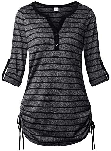 FANSIC Womens Casual Long Sleeve Blouse Tops,3/4 Sleeves Adjustable Drawstring Sides Shirring Henley Shirts