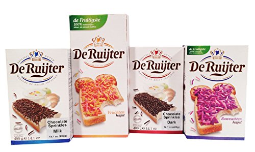 De Ruijter Variety Sprinkles, 4 packs of Premium Jimmies - Dark Chocolate, Milk Chocolate, Forest Fruit and Fruit Sprinkles