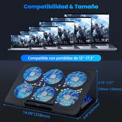 Ventilador para Laptop con 6 Ventiladores Silenciosos,Enfriador Laptop de 5 Ángulos Ajustables,Base de Refrigeración para Ordenador Portatil con Luces LED,Dos Puertos USB para Portatil de 12"-17.3"