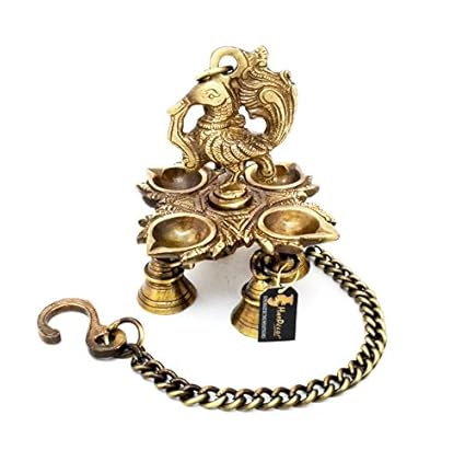 Two Moustaches Peacock Design 4 Oil Wick Brass Hanging Diya