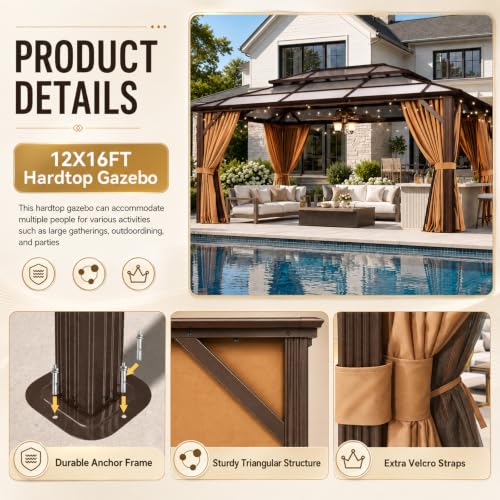 Aoxun 12x16 Outdoor Gazebo Double Polycarbonate Roof Brown Hardtop image 26