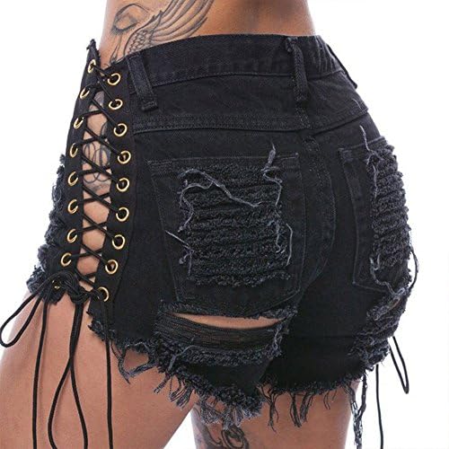 XZmy Women Short Jeans Lace Up Jean Shorts Bandage Rivets Hole Tassel Cotton Denim Shorts High Waist Ripped Jeans For Women (Asian Szie XL, Black)