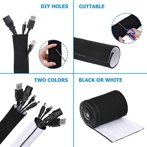 Bestfy Cable Management Sleeves, 118'' Cord Management System, Neoprene Flexible Adjustable Cord Cover Sleeve for TV, Computer, Home Theater, Home Entertainment(Black & White) - Thumbnail 4