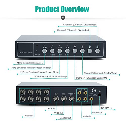WiseupTM 8Ch Color Video Quad Splitter CCTV Security Mulitplexer Processor with Audio PIP