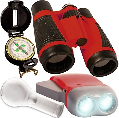 Kids binoculars - Outdoor adventure set - compact folding binoculars for kids, crank LED flashlight , spy glass , compass . For childrens bird watching , camping , pretend play - Educational toy