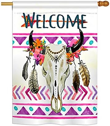 Angeleno Heritage - Bohemian Bull Skull Country & Primitive - Everyday Southwest Impressions Decorative Vertical House Flag 28" x 40" Printed In USA