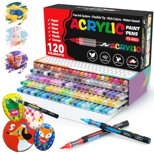 120 Colours Acrylic Marker Pens for Paper, Glass, Pebble, Wood, Egg, Ceramic, Adult Colouring Pens