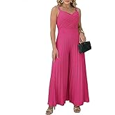 CHICME Women’s V Neck Spaghetti Strap Jumpsuits Wide Leg Pleated Pants Summer Cami Overalls