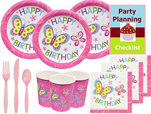 Butterfly Birthday Party Supply Pack for 16 Guests - Plates, Napkins, Cups, Cutlery & Party Planning Checklist