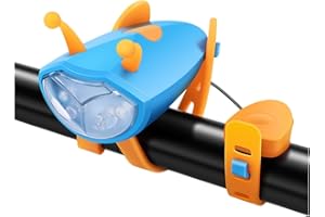 Kids Bike Light with Horn, Cute Cartoon Bicycle Headlight with 3 Light Modes & Loud Bell, Waterproof Front Light for Kids Bal