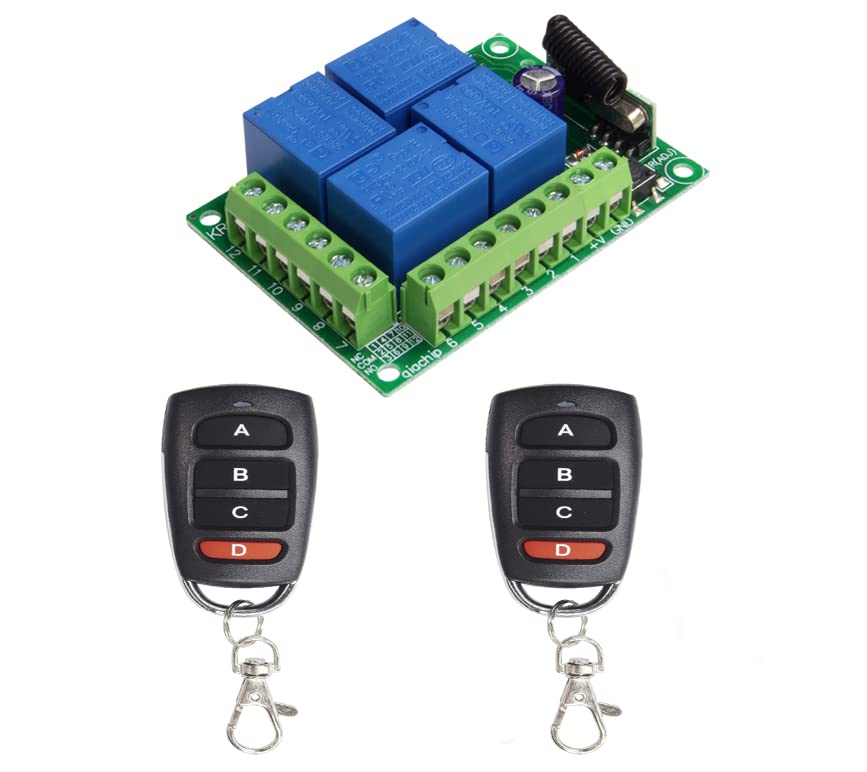QIACHIP 433Mhz DC 12V 4 channel Wireless Relay Garage Door Remote Control Switch RF Receiver controller momentary shutter remote with Transmitter for Car,Motor, Entrance Control